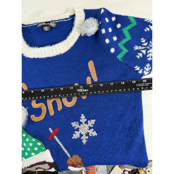 Ugly Christmas Fuzzy Tunic Sweater Size M Penguin Blue Pullover Winter Ski Poms - Picture 11 of 12